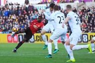 SWANSEA, WALES - NOVEMBER 06:  Paul Pogba of Manchester United scores his sides first goal during the Premier League match between Swansea City and Manchester United at Liberty Stadium on November 6, 2016 in Swansea, Wales.  (Photo by Stu Forster/Getty Images)
